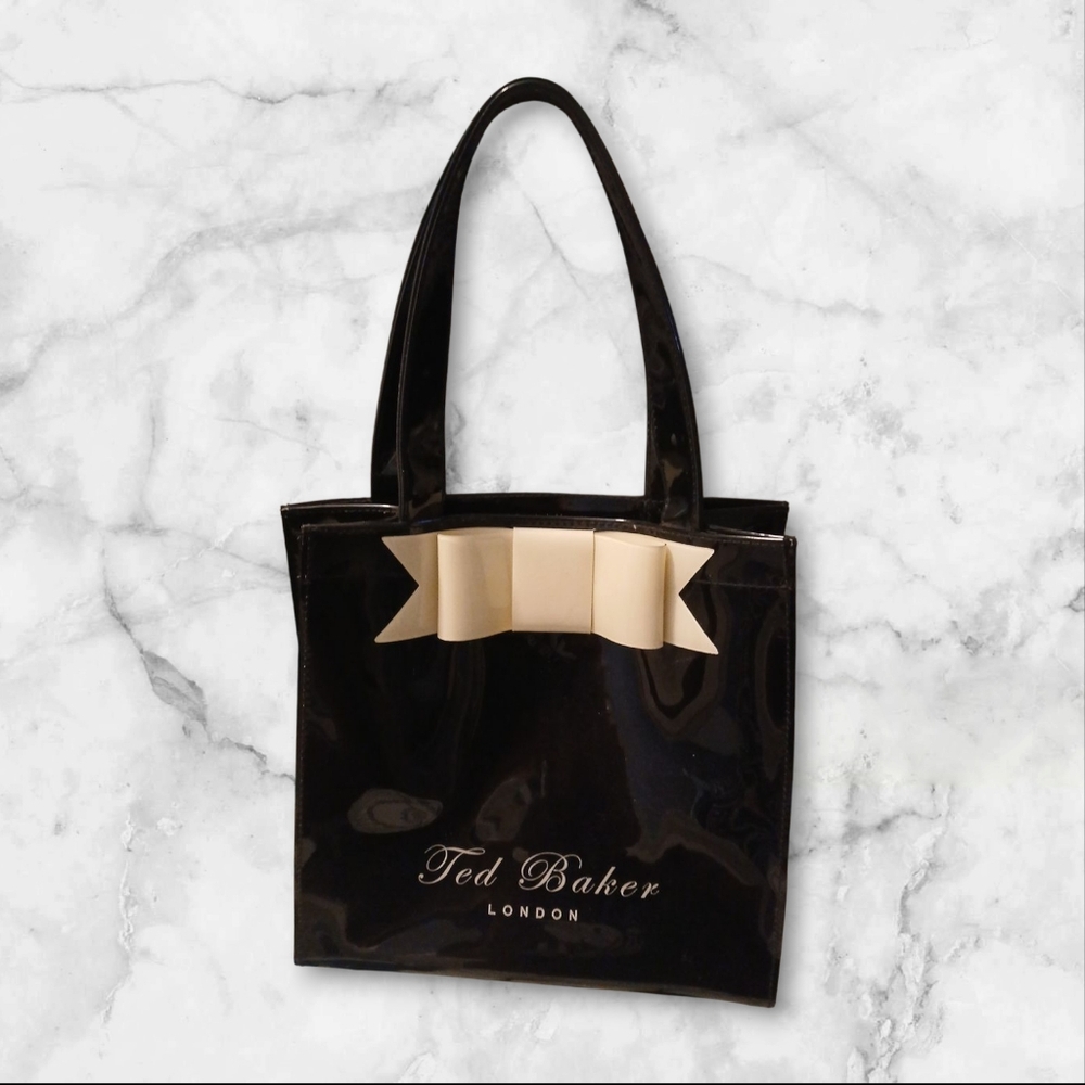 NWOT: Ted Baker Glossy Black Tote with Cream Bow
